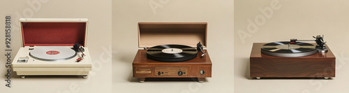 Three unique vinyl record players: vintage white plastic turntable with wooden base and red velvet cover, classic brown wood-grained player with cream paint and brass details, and elegant beige record