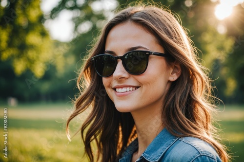 Profile side photo of young attractive girl wearing dark sunglasses, happy positive smile wear sunglass summer nature outdoors