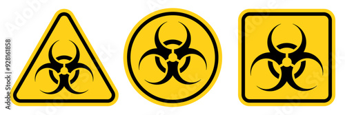 Set hazard danger yellow vector signs. Biohazard sign, logo, badge, icon, sticker, label, emblem, stamp, symbol, black, line, flat vector, isolated illustration.