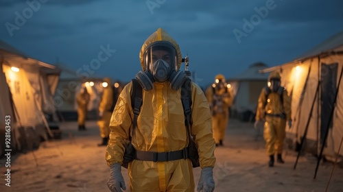 A group of hazmat-suited personnel in a quarantine camp during dusk, highlighting biohazard containment, emergency response, and disease control.