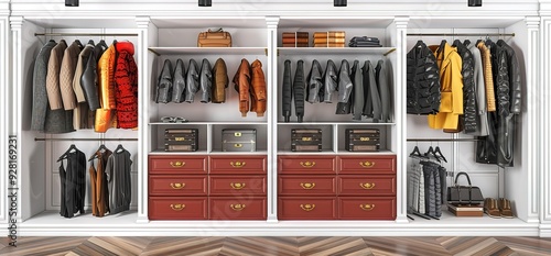 Well organized closet with clothes, bags and accessories hanging neatly on hangers and drawers. A modern and stylish closet design with sleek white cabinets and red drawers.