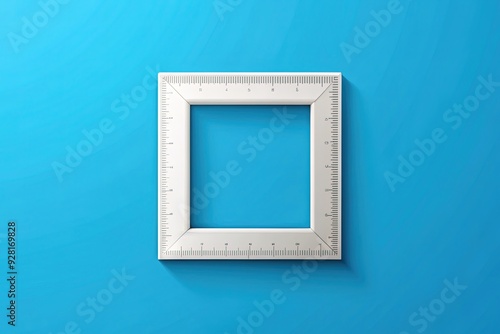 A white square ruler with a bold icon in the center, measuring units marked on its edges, isolated on a clean blue background.