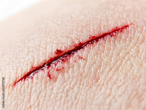 photo of a close-up of human skin with a fresh cut from a sharp object 