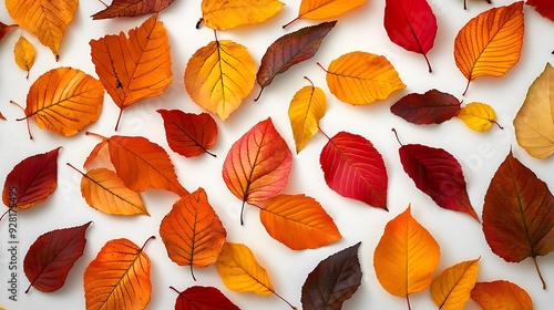 Top view of scattered autumn leaves with vibrant colors on an isolated white background, highlighting the natural beauty of fall