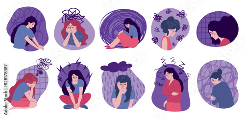 Anxiety woman. Grief, sad and fear girl, worry and cry about violence and pain, suffering and exhausted by stress. Mental health care. Cartoon flat illustration. Vector depression concept