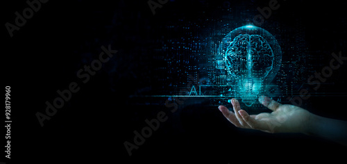 AI, Machine learning, hand holding a big data network, Brain data creative of Ai in light bulb, AI adoption for working, Science and artificial intelligence technology, innovation for futuristic.