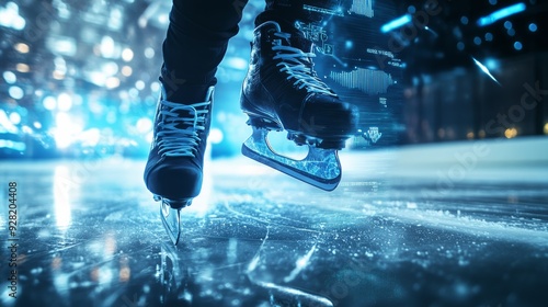 Skater gliding on ice with smart skates that track speed and turns, with a digital display of performance metrics floating beside them, Close up.