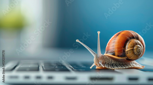 Curious Snail Exploring Technology, a snail slowly glides across a laptop keyboard, highlighting the contrast between nature and modern devices in a serene environment.