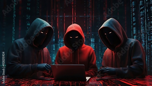 hackers working together, 3 people in hood working with computer, cybersecurity, data management, fraud and theft concept