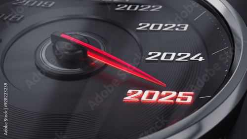 Black speedometer with needle moving to the year 2025