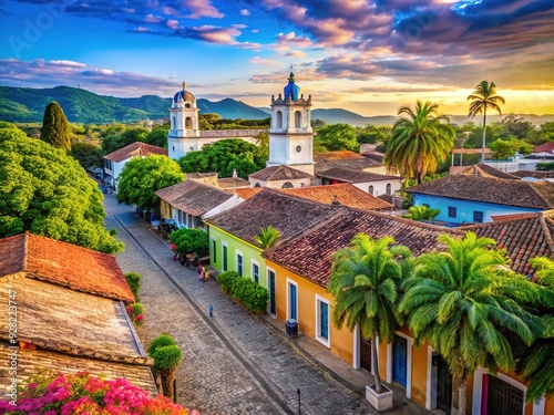 Vibrant colorful buildings and cobblestone streets of Suchitoto, El Salvador's colonial town, surrounded by lush tropical greenery and majestic volcanic landscapes.