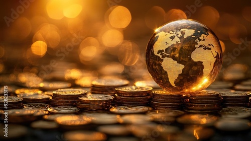 Financial theme depicting a globe resting on a pile of coins. This image represents concepts of money and wealth in global finance.