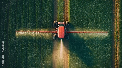 Aerial view of a red agricultural tractor spraying crops in a lush green field.