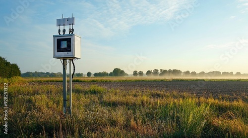 A white box with antennas and wires stands in a field. The sky is blue and the field is green with a line of trees in the background.