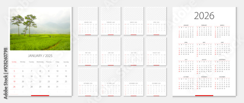 Calendar 2025, calendar 2026 week start Sunday corporate design template vector. Desk calendar 2026. Sample image with mesh.