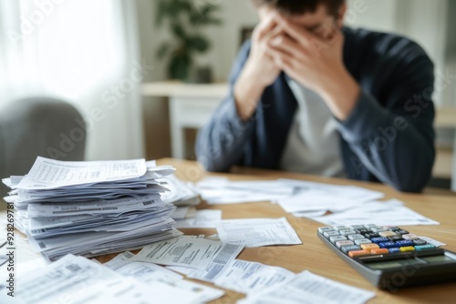 A stressed individual sitting at a table with a stack of debt notices, bills, and a calculator, symbolizing the emotional toll of managing overwhelming debt