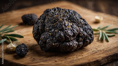 Luxurious black truffle served on wood with paste and olive oil rich in antioxidants and proteins a premium delicacy from above.