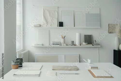 Clean and uncluttered white office space with a white desk and minimalistic decor, promoting focus.