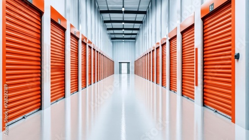 High-angle view of a modern warehouse, featuring neat rows of metal self-storage units under bright, even lighting