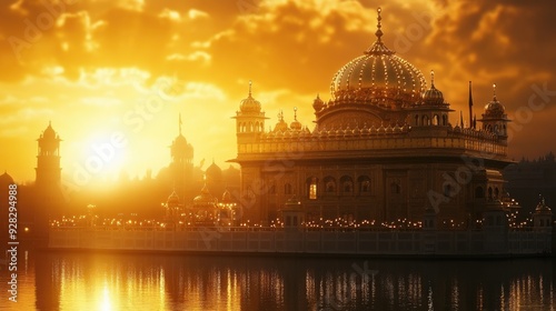 Golden dome of a sacred Sikh gurdwara shimmering in the light of dawn, capturing the essence of spirituality and serenity