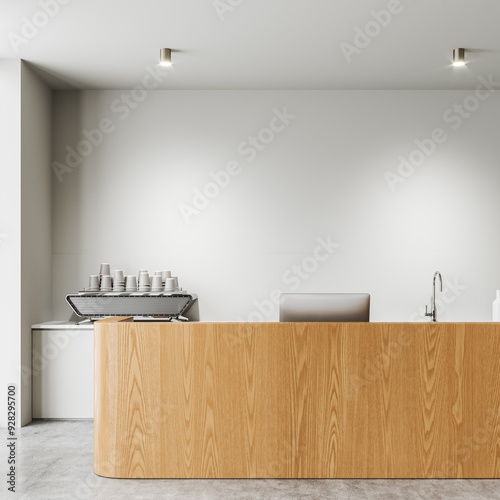 Modern cafe interior with island and cooking space, mockup wall