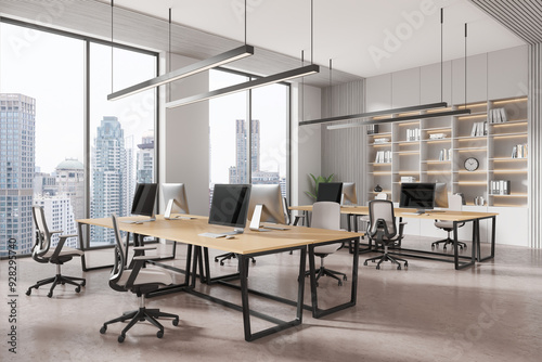 Modern open office space with large windows and city view. 3D Rendering