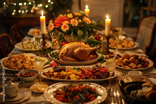 A festive table for the whole family with many dishes. Celebrating Thanksgiving Day. Generated by artificial intelligence