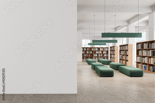 Modern public library interior with empty blank wall template. 3D Rendering