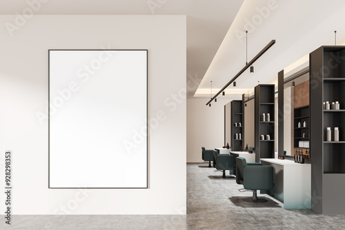 Stylish salon interior with armchairs, shelf with accessories. Mockup frame