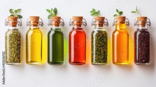 Various cooking oil bottles with spices and herbs standing on white background