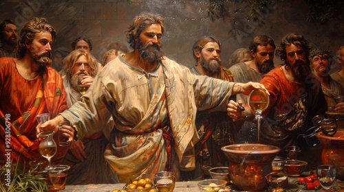 Jesus turning water into wine at Cana, astonished guests, joyful celebration.