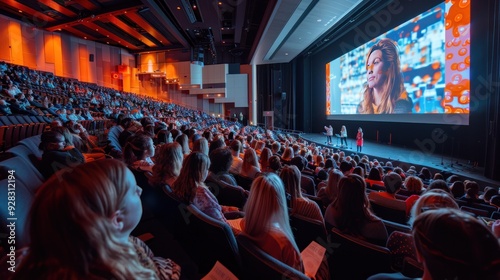 A motivational seminar with a keynote speaker inspiring an audience in a large auditorium.