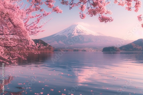 Panorama view of Mountain fuji in Japan during cherry blossom spring season