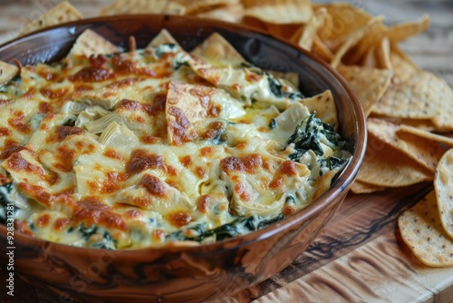 Artichoke and spinach dip served with chips