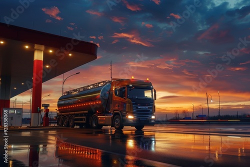 Big gas truck delivering fuel at station under night sky