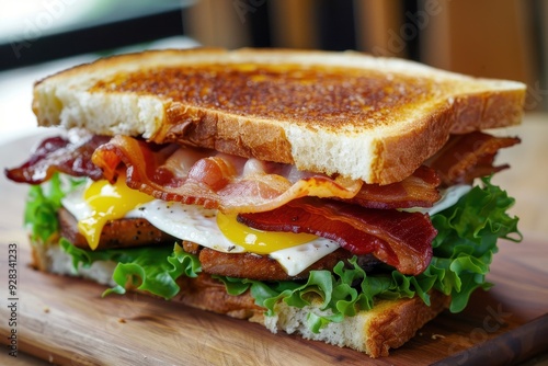 Breakfast sandwich with egg bacon cheese and lettuce