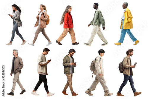 PNG diverse people walking element set, transparent background