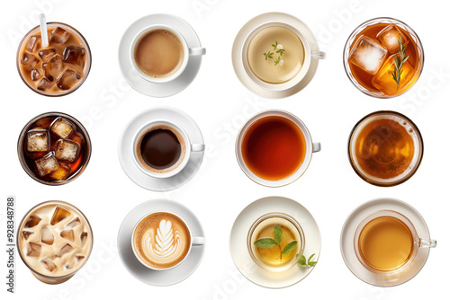 PNG coffee and tea aerial view element set, transparent background