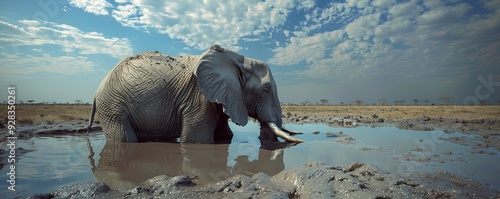 Magnificent African elephant bathing in a muddy waterhole, 4K hyperrealistic photo