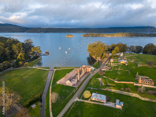 Port Arthur, Tasmania: Aerial view of the Port Arthur historic site and penal settlement in Tasman peninsula in late afternoon in Australia.