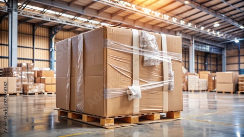 A large corrugated cardboard box with torn packing tape and worn edges, surrounded by packing materials, sitting on a warehouse floor awaiting shipment.