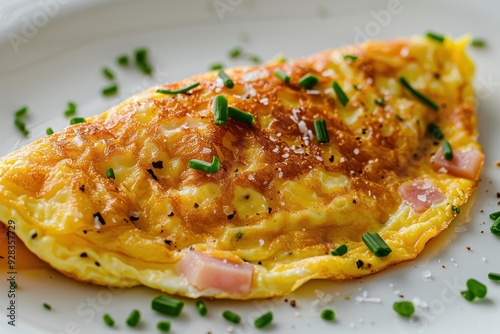 Closeup of egg omelette with ham cheese and chive