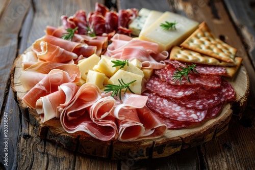 Cold meat breadsticks prosciutto ham beef jerky salami cheese on wooden board rustic background