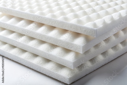 Close-up of textured white foamed polyethylene sound insulation sheets with varied thickness, placed on a plain background, showcasing their sound-absorbing properties.