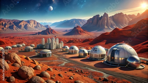 Futuristic Mars colony with sleek, silver spacecraft and modular habitats, surrounded by a barren, crimson landscape and towering, rust-red mountains under a deep blue sky.