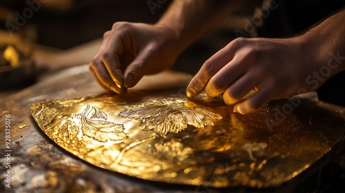 Hands carefully applying gold leaf to a decorative object, the delicate metal shining.