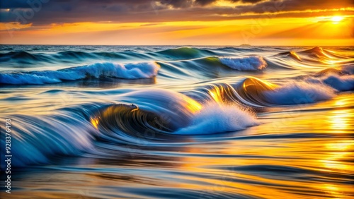 meditative ocean waves soothing melodic rhythm calming turbulent waters symbolizing inner peace with warm golden light and slow shutter speed panning motion