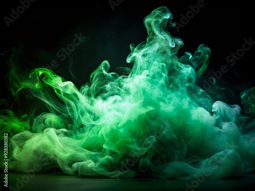 Mysterious green smoke mist swirls in eerie fog on a solid black background, creating an abstract, isolated, and mesmerizing textured visual effect.