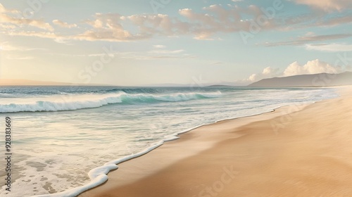 Golden Hour Beach: Tranquil beach scene with golden sand and clear turquoise water, bathed in soft, golden light as the sun sets on the horizon. The gentle waves create a sense of serenity and peace