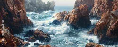 Rugged coastline with crashing waves and rocky cliffs, 4K hyperrealistic photo